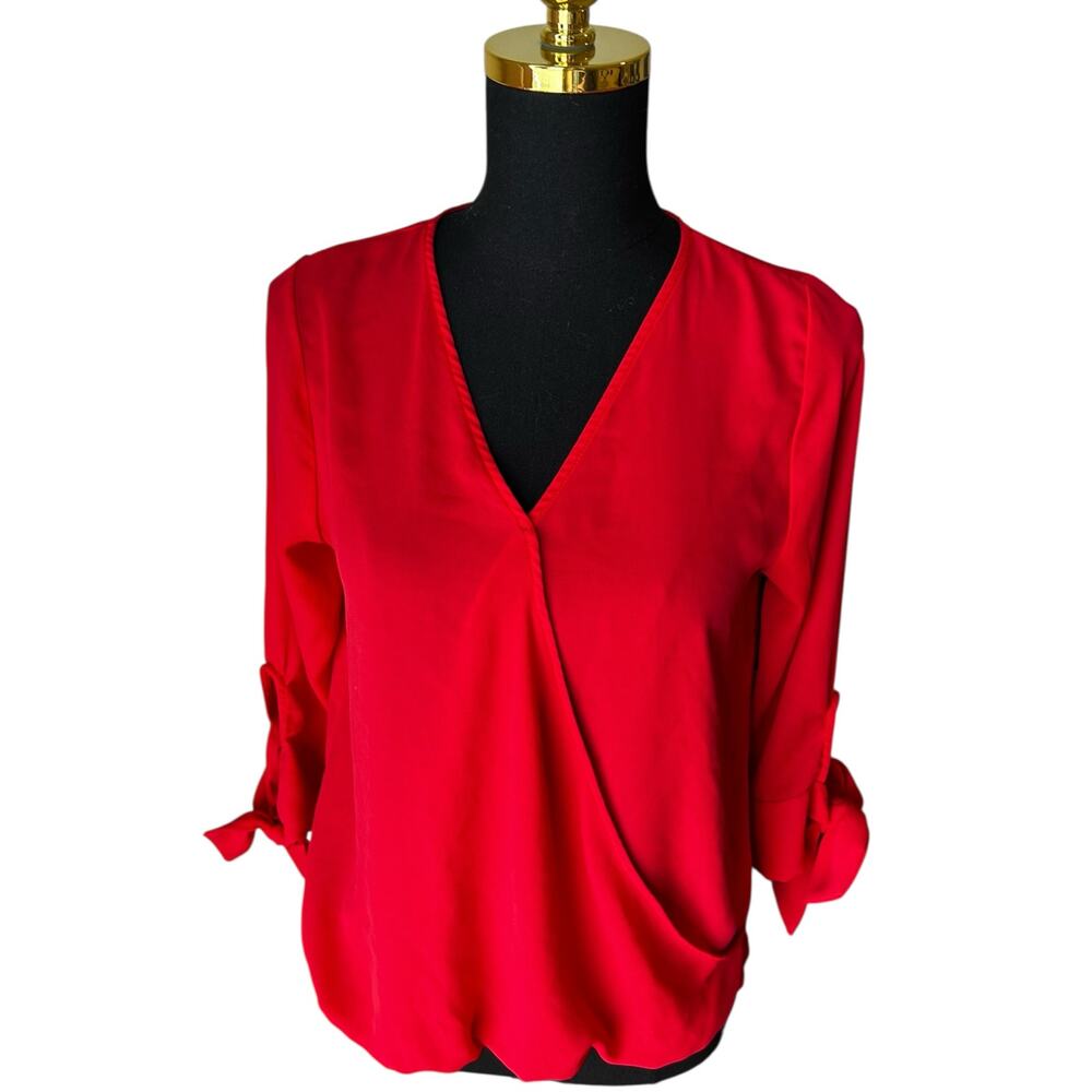 West Kei Women’s Coral Surplice Tie Sleeve High Low Blouse Size Small